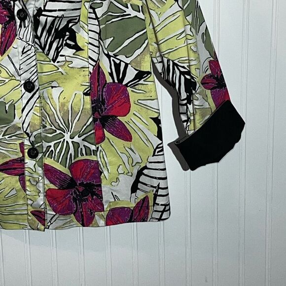 ZOZO Button Up Tropical Floral Top Women’s Large Black/White Multicolor Cuffed - Picture 5 of 10